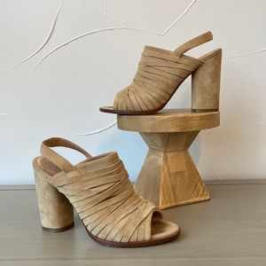 Caslon Slingback Mummy Straps Peep Toe Block Heels Beige Leather Size 6